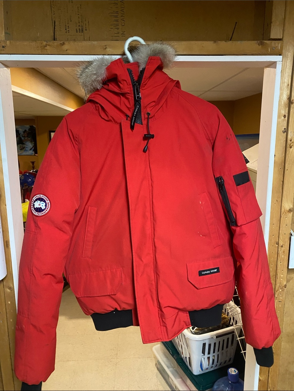 Canada Goose Red Bomber Jacket with Fur-Trim Hood